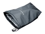 Dark grey drawstring pouch with a white logo, open at one end.