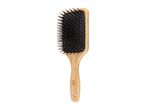 A wooden paddle hairbrush with black bristles and a brand logo on the handle.