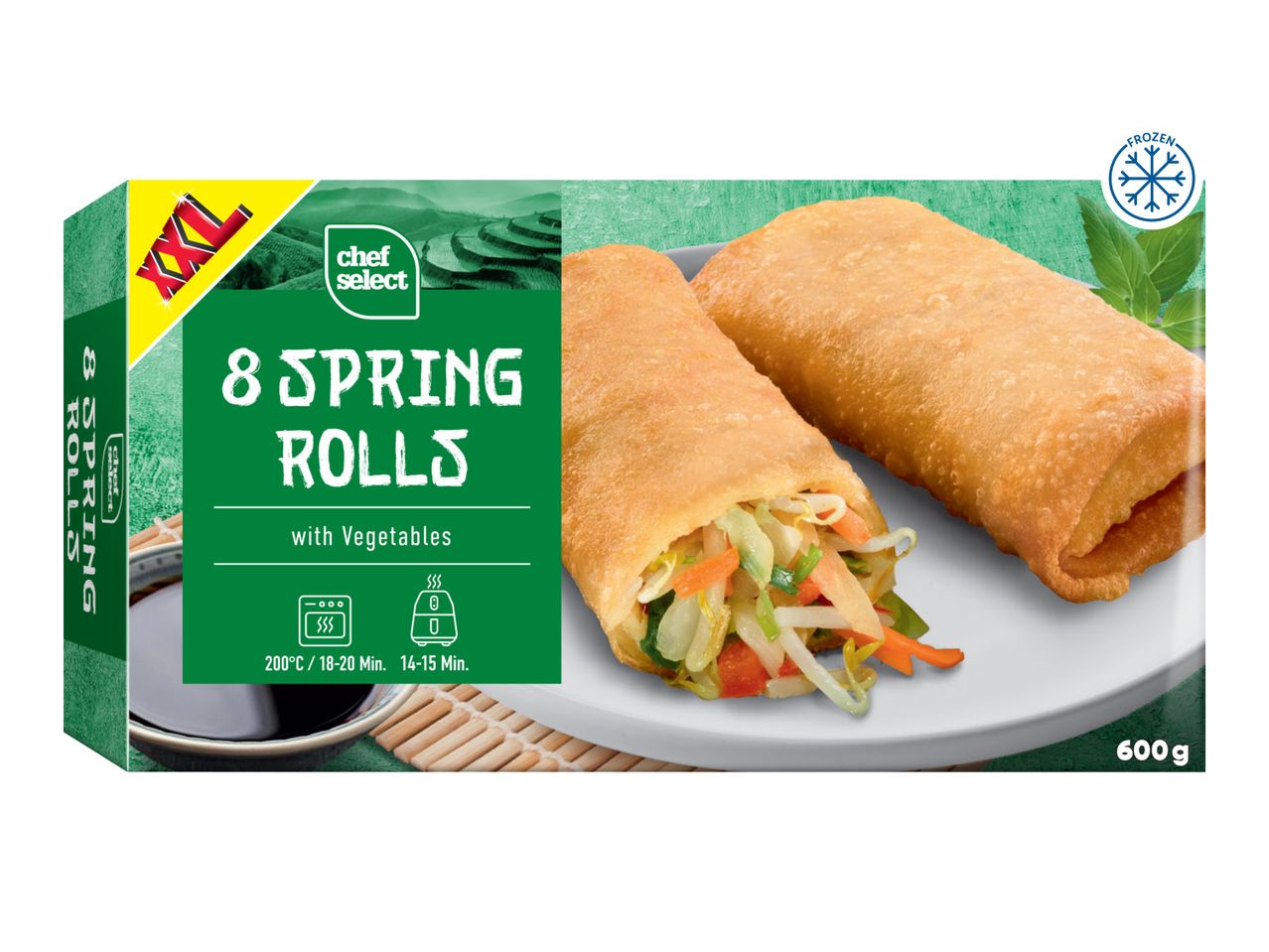 Chef Select 8 Spring Rolls with Vegetables, frozen, 600g, with cooking instructions.