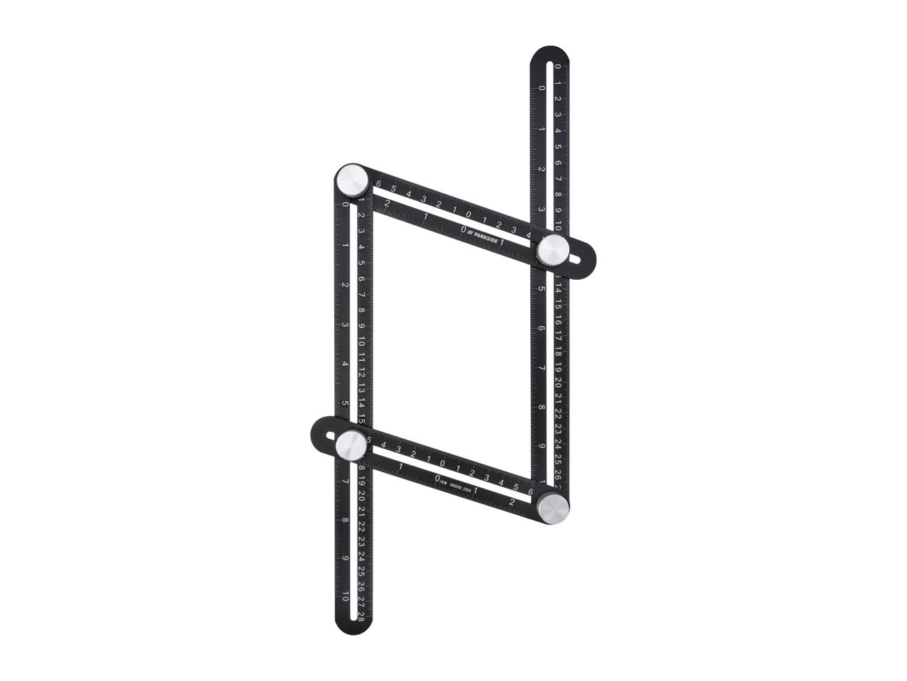 A black multi-angle measuring ruler with silver knobs, folded into a hexagonal shape.