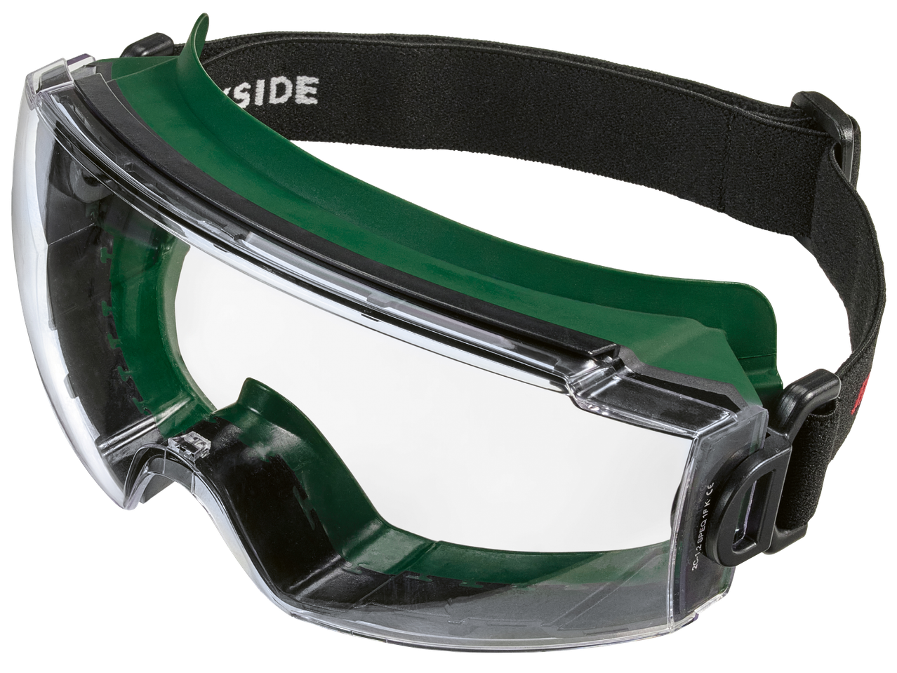 Защитни очила със зелена рамка и черна регулируема лента за глава.