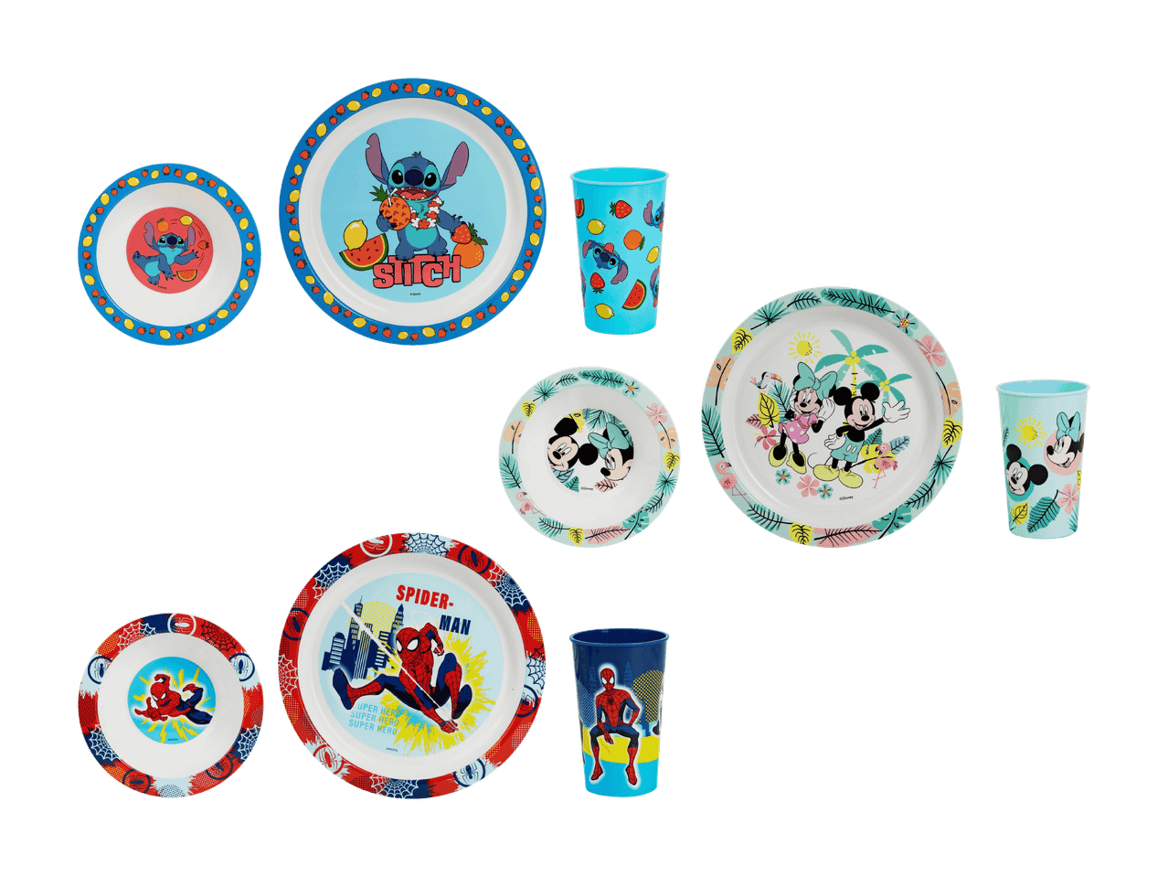Assiettes, bols et gobelets pour enfants avec les thèmes Stitch, Mickey et Spiderman.