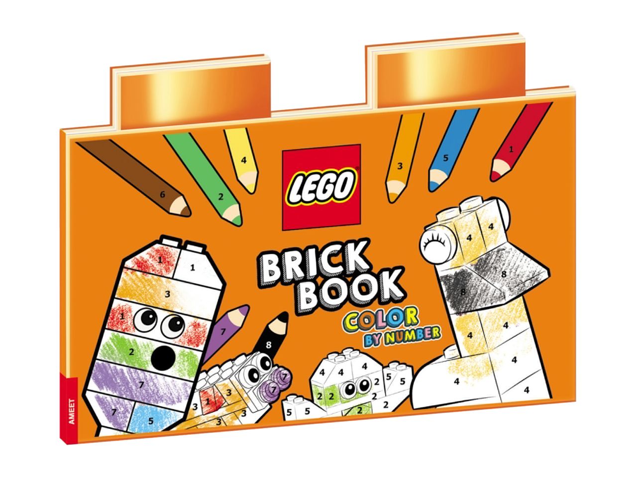 Color by number book with pencils and brick characters on an orange background.