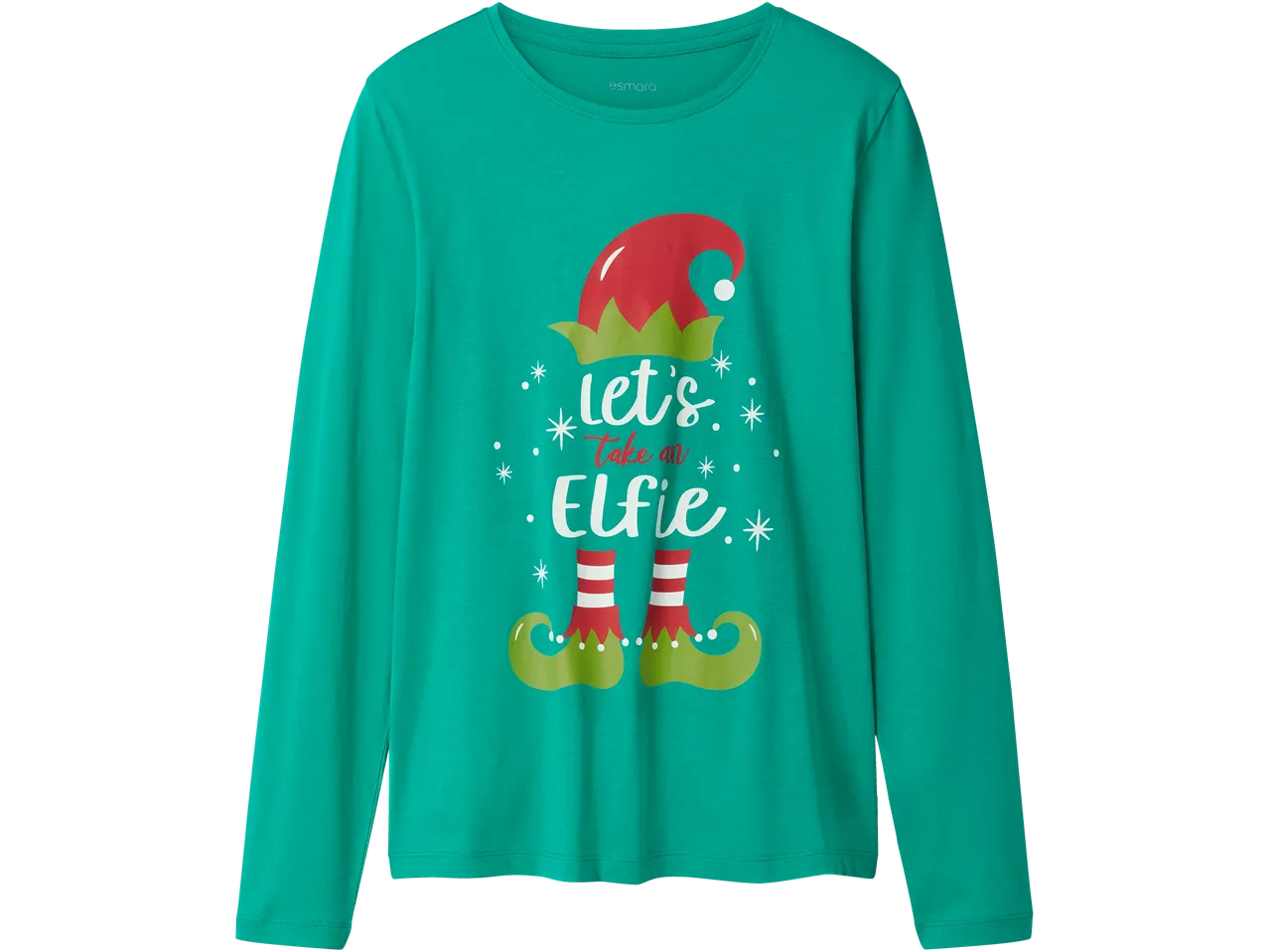 Roheline pikkade varrukatega T-särk jõulumotiiviga: „let's take an Elfie“ ja päkapiku jalad