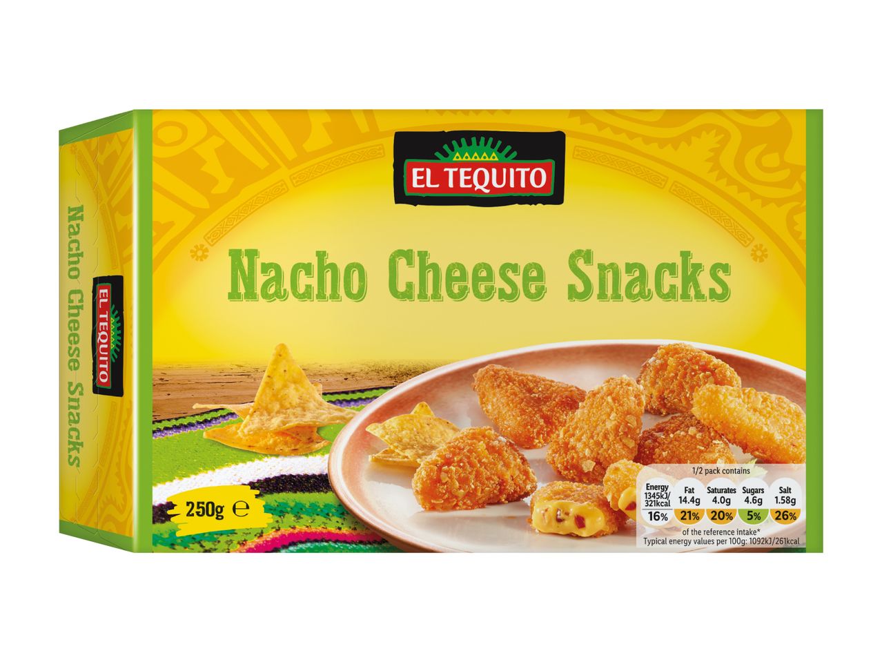 Nacho cheese snacks in a box, with nutritional information and 250g weight.