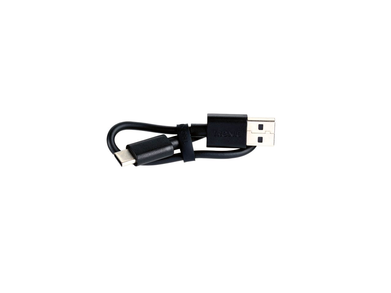 Un cavo di ricarica USB-C nero con il marchio Tronic