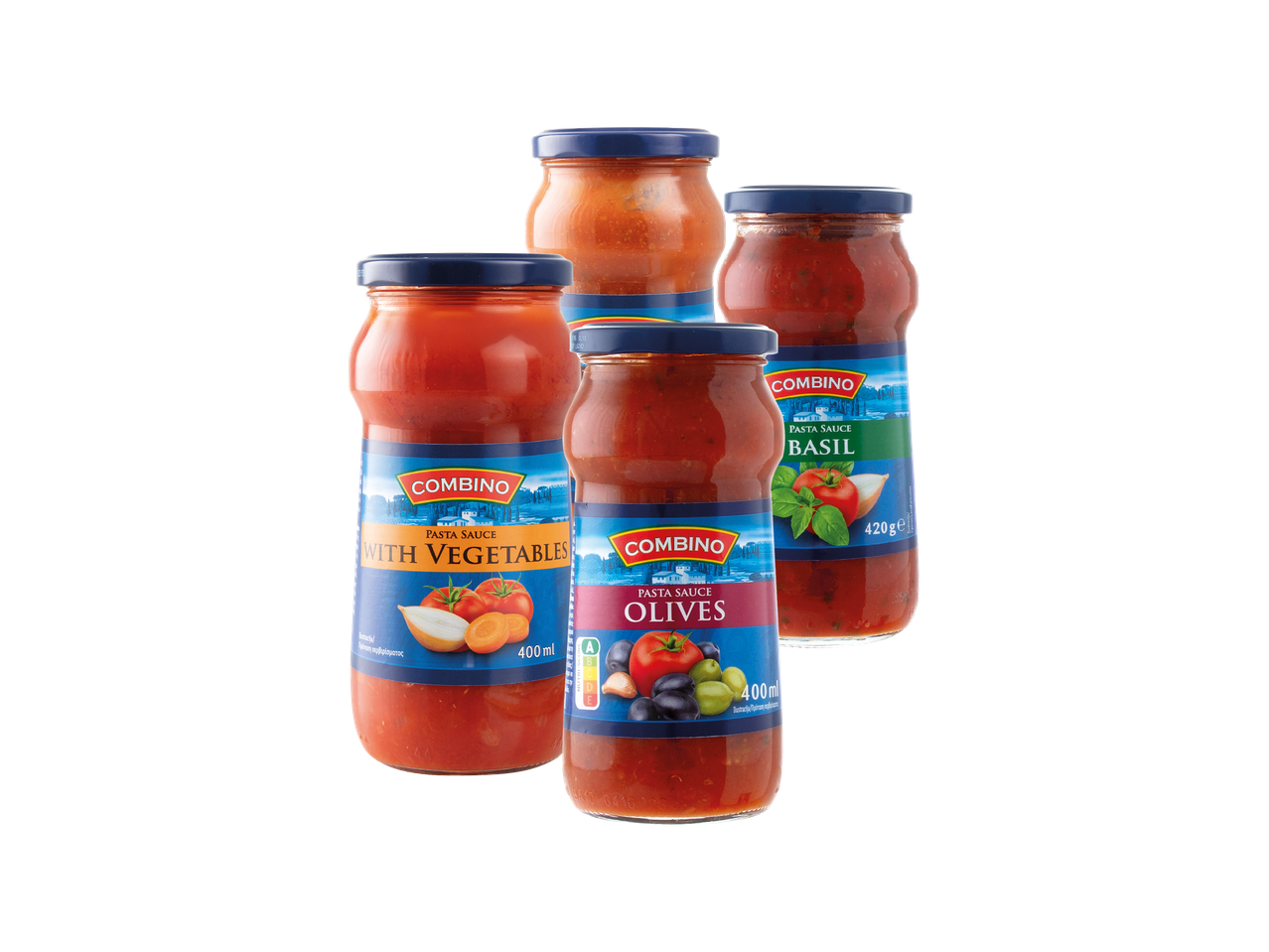 Četiri staklenke Combino umaka za tjesteninu: s povrćem, maslinama i bosiljkom.