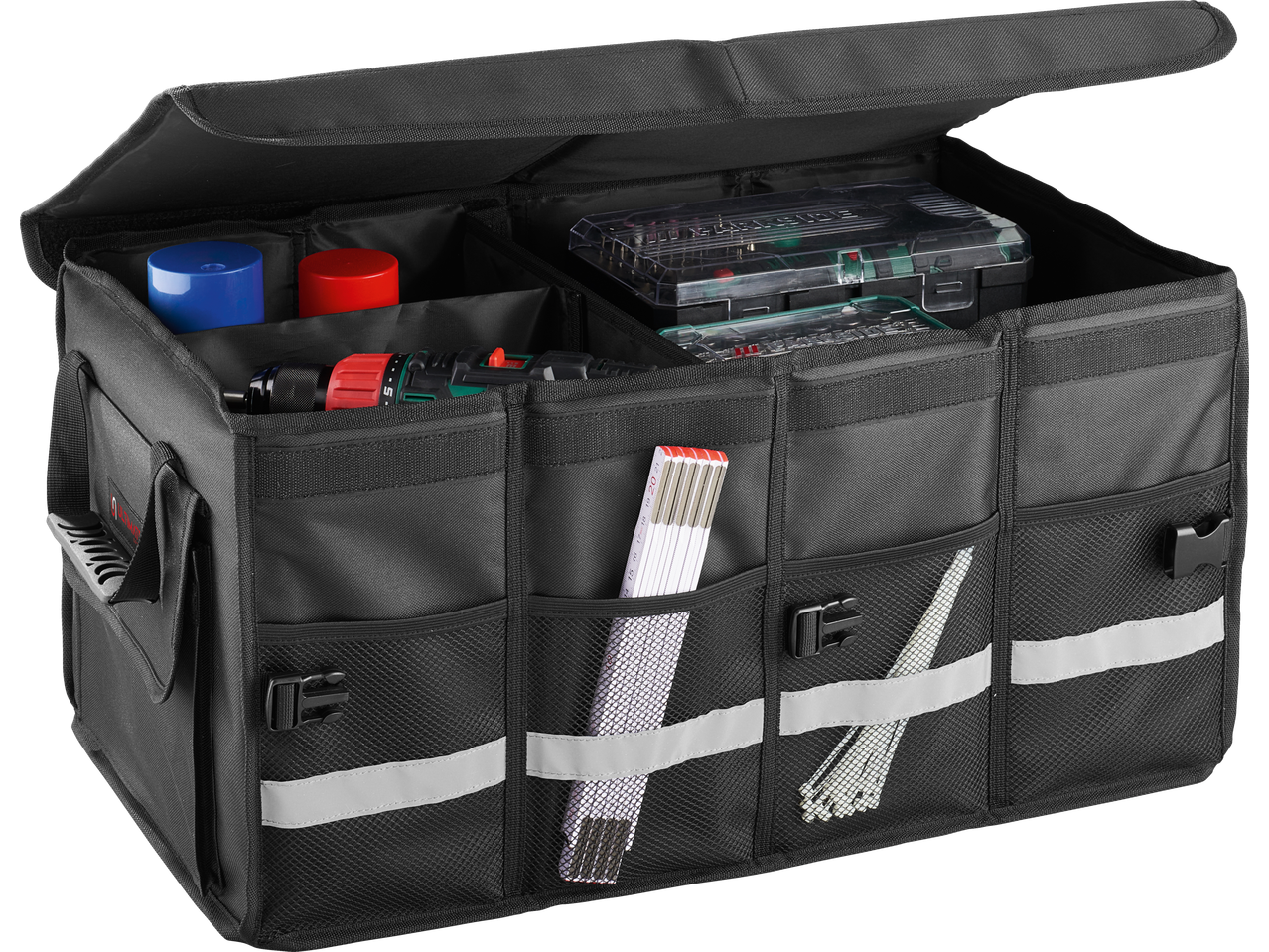 ULTIMATE SPEED® Car Boot Organiser, black, with tools, sprays, and measuring stick.