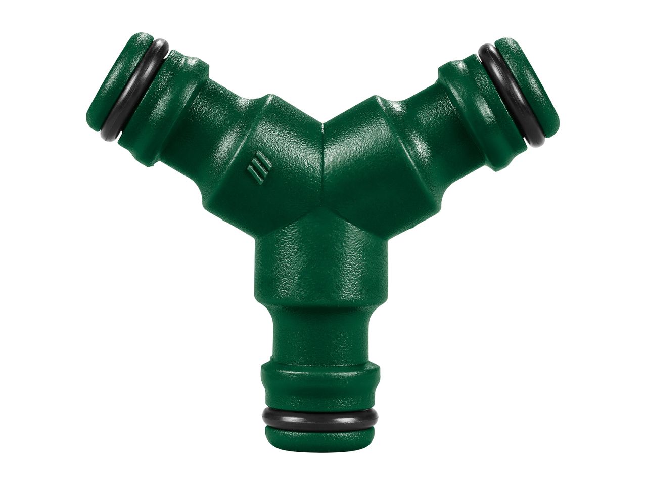 Green Y-shaped hose connector with three quick-connect ends and black O-rings.