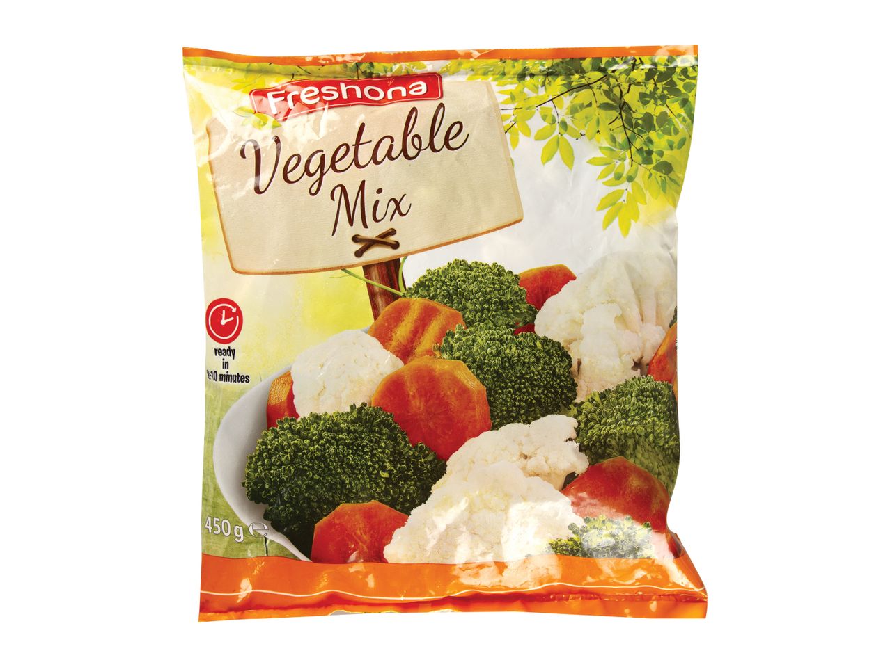 Pungă de Freshona Vegetable Mix (amestec de legume) cu broccoli, conopidă și morcovi.