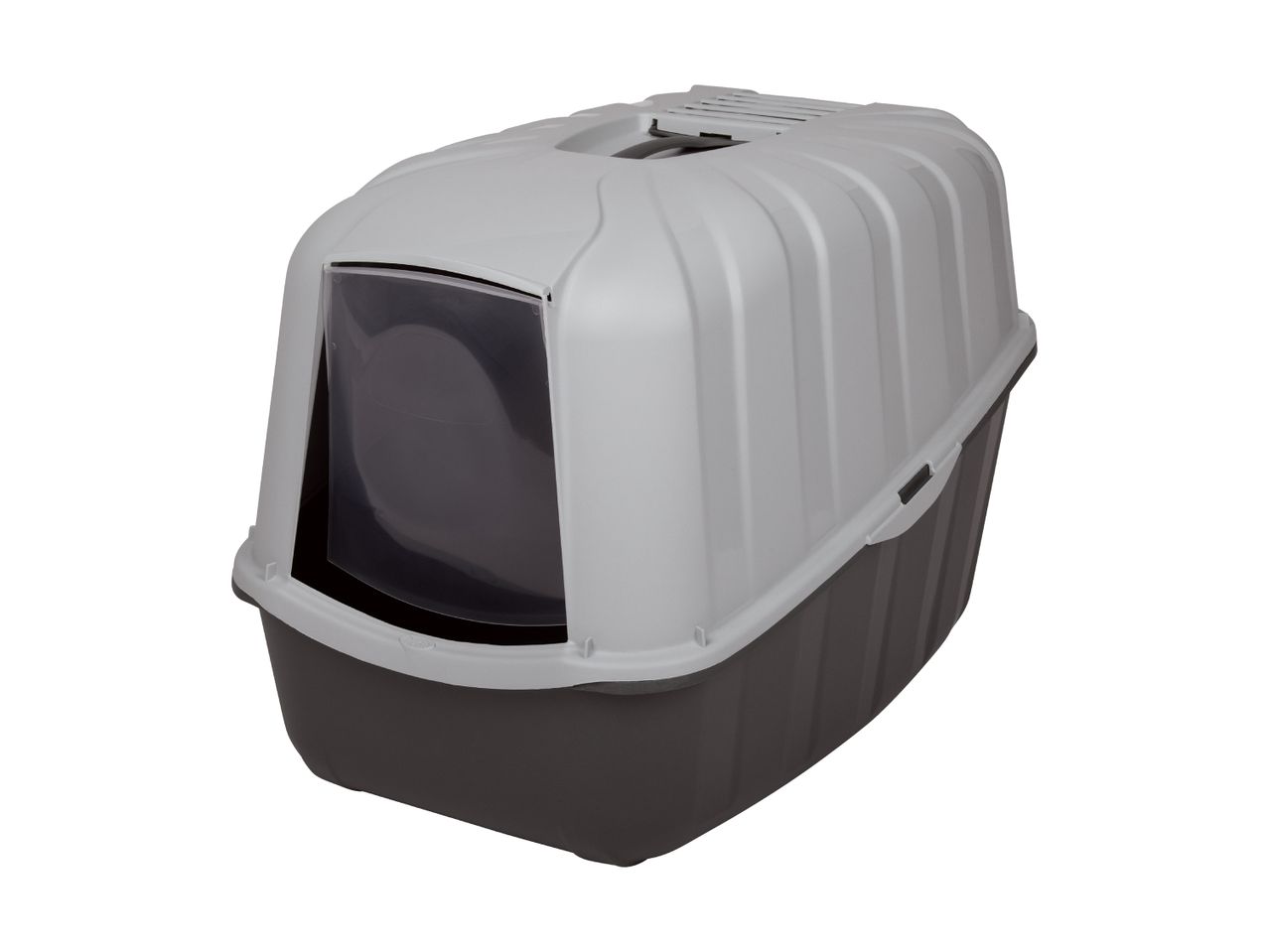 Grey hooded cat litter box with a transparent flap door