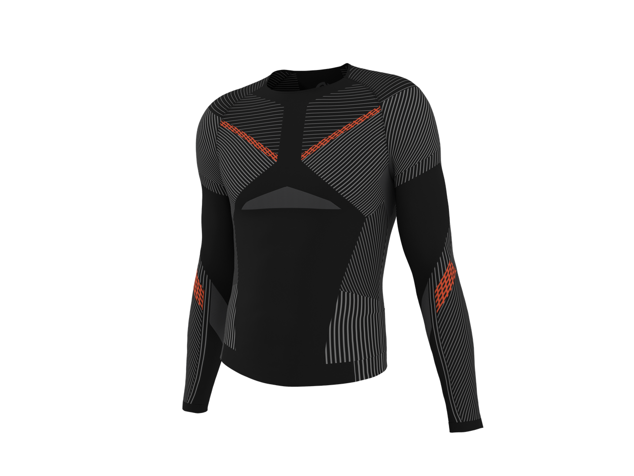 Melns CRIVIT bezšuvju funkcionāls apakškrekls ar oranžām un pelēkām detaļām.