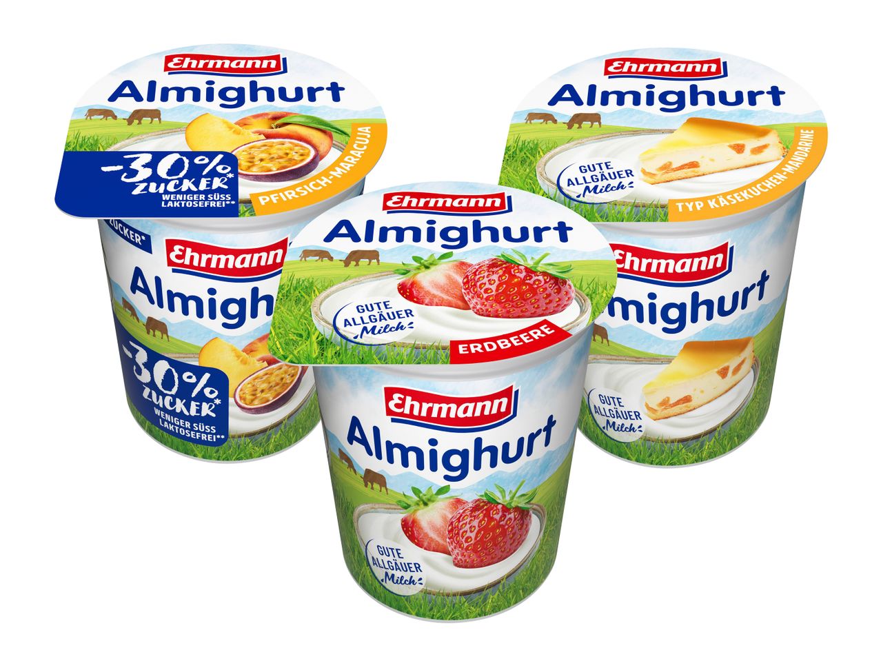 Drei Ehrmann Almighurt-Becher mit Pfirsich-Maracuja, Erdbeere und Käsekuchen-Mandarine.