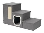Three-step grey fabric pet stairs with a built-in cat condo and scratching pad