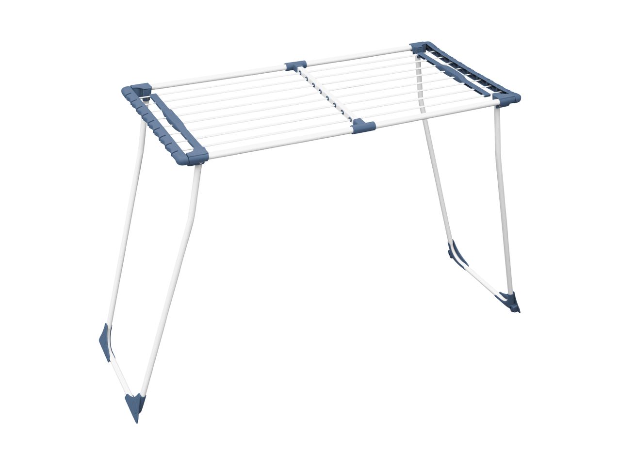 White and blue clothes drying rack with multiple lines for hanging laundry.