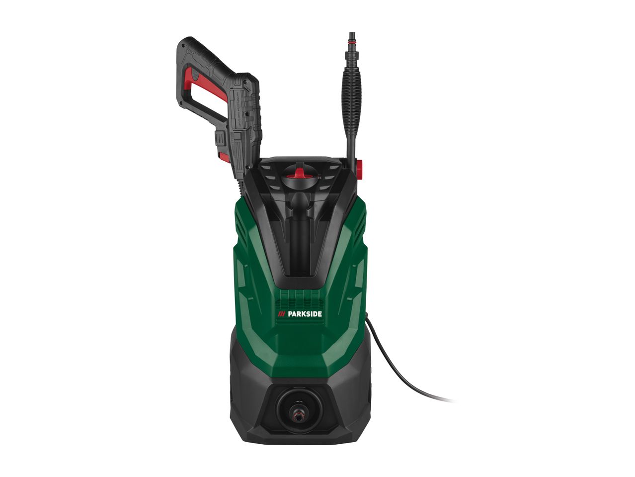 A Bosch electric pressure washer, green and gray, with a spray gun attached.