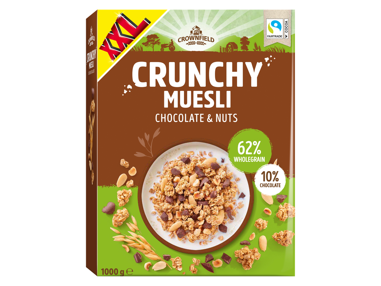 Muesli crocant Crownfield XXL cu ciocolată și nuci.