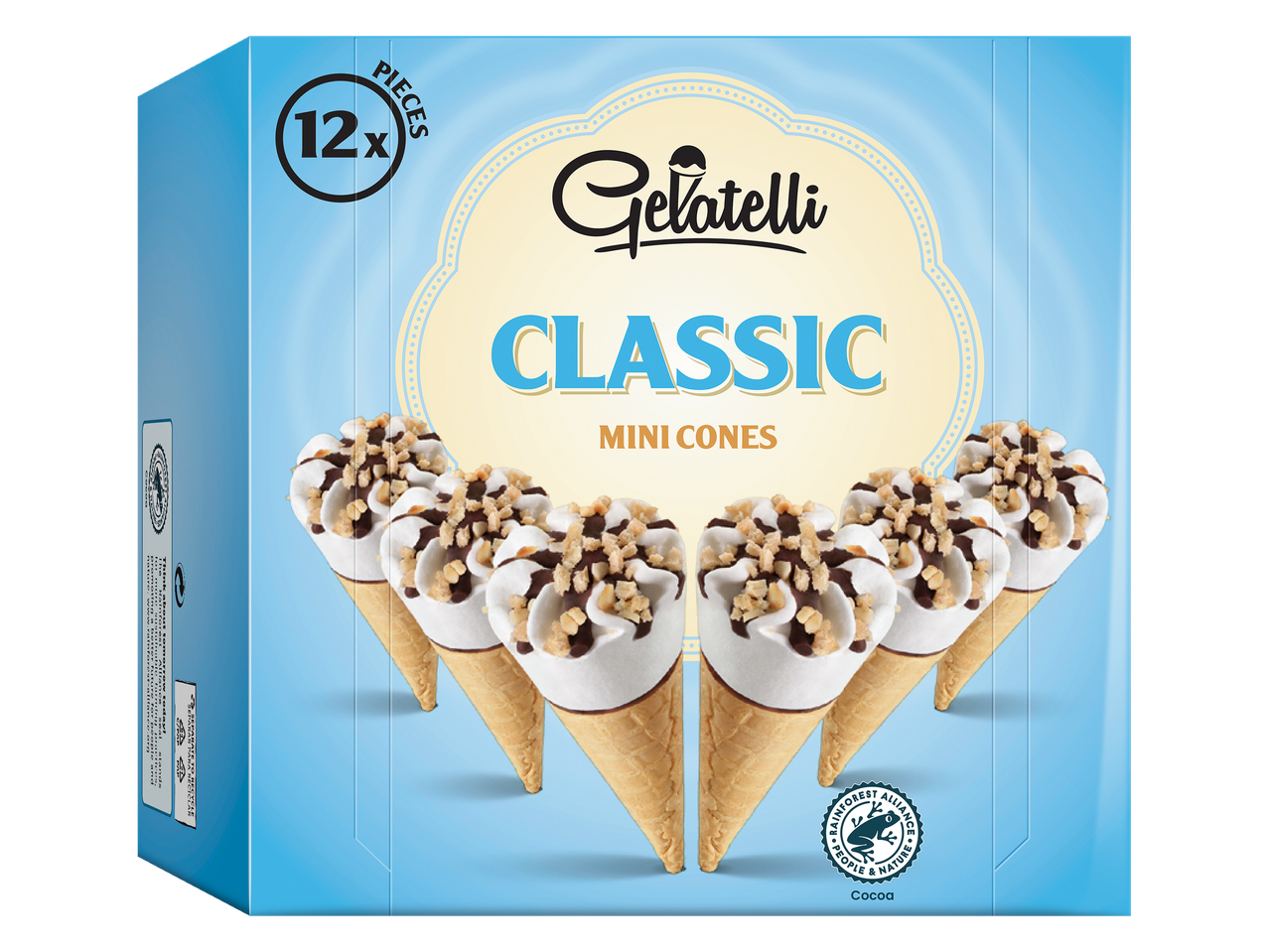 Caixa de 12 mini cones de gelado Gelatelli Classic, com cobertura de chocolate e pedaços de nozes.