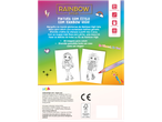 Livro de colorir Rainbow High com duas ilustrações de personagens, texto e logótipos da marca.