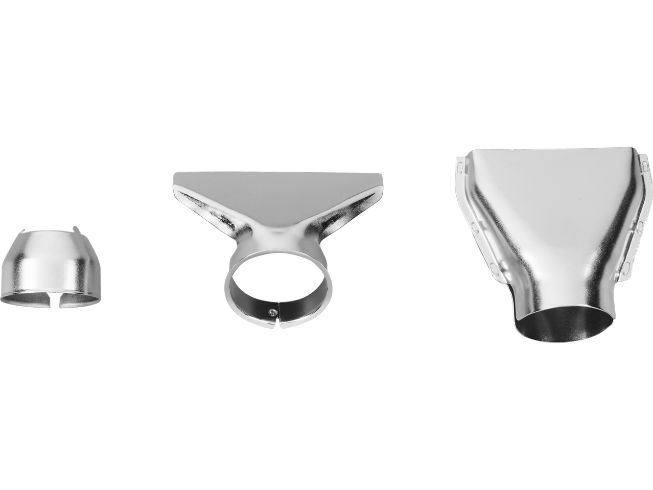 Kolm hõbedast kuumaõhupuhuri otsikut erinevates kujudes ja suurustes.