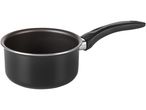 A black non-stick saucepan with a black handle.