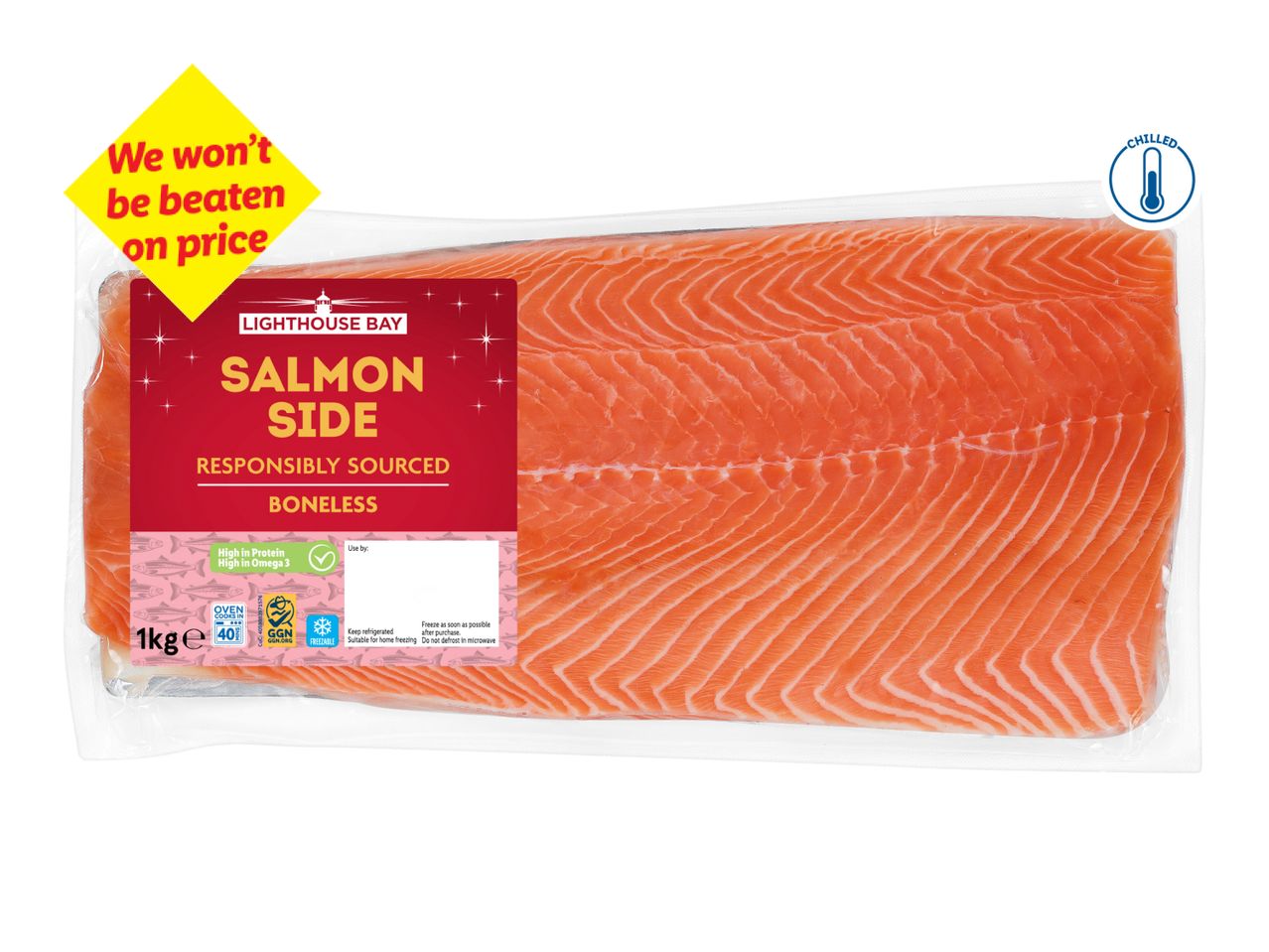 Lighthouse Bay Salmon Side, responsibly sourced and boneless, with a 'We won't be beaten on price' label.