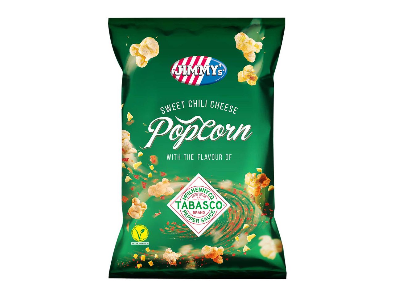 Jimmy's édes chilis sajtos pattogatott kukorica Tabasco ízesítéssel, zöld csomagolásban.