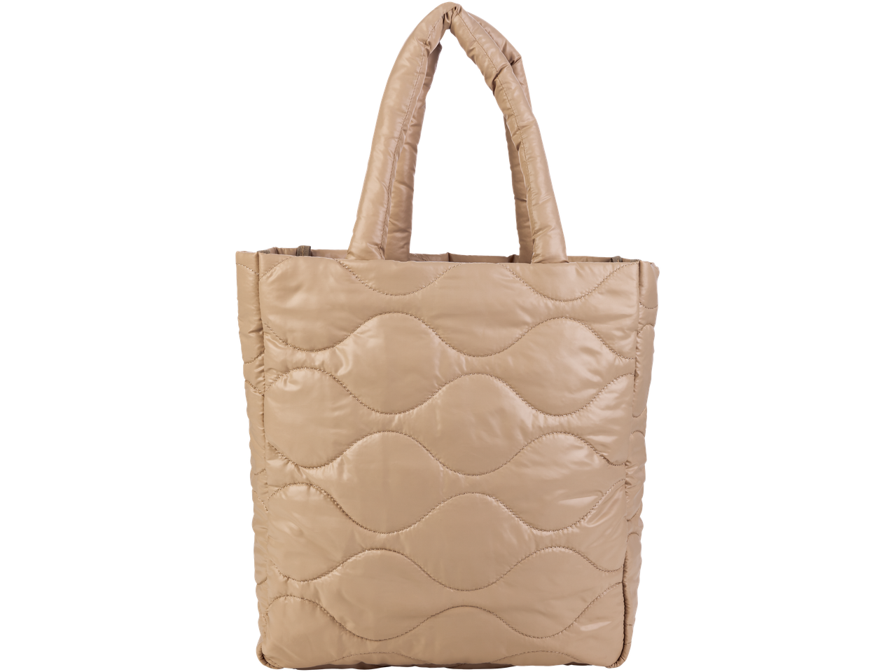 Beige vadderad handväska med vågmönster.