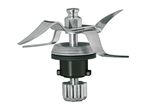 A stainless steel blender blade assembly with four curved blades and a black base.