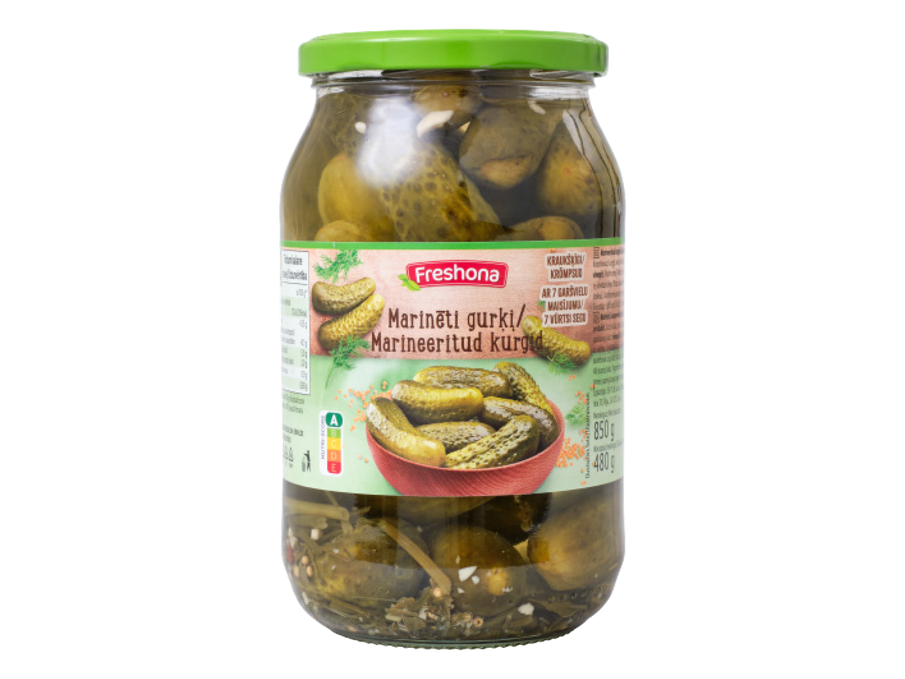 Freshona marinēti gurķi burkā ar zaļu vāciņu.