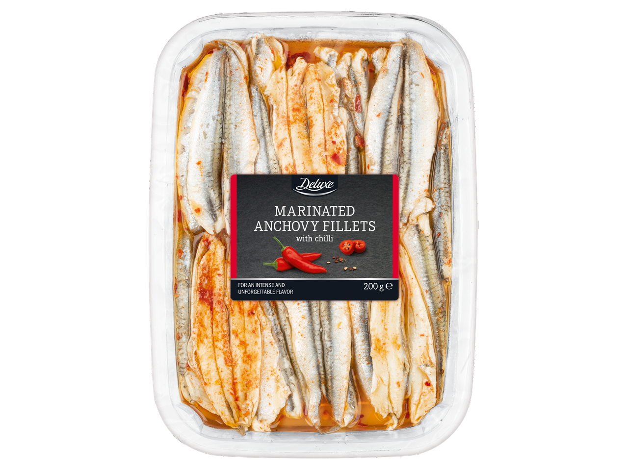 Deluxe marinētas anšovu filejas ar čili.
