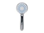 Chrome shower head with a white spray face and blue nozzles.