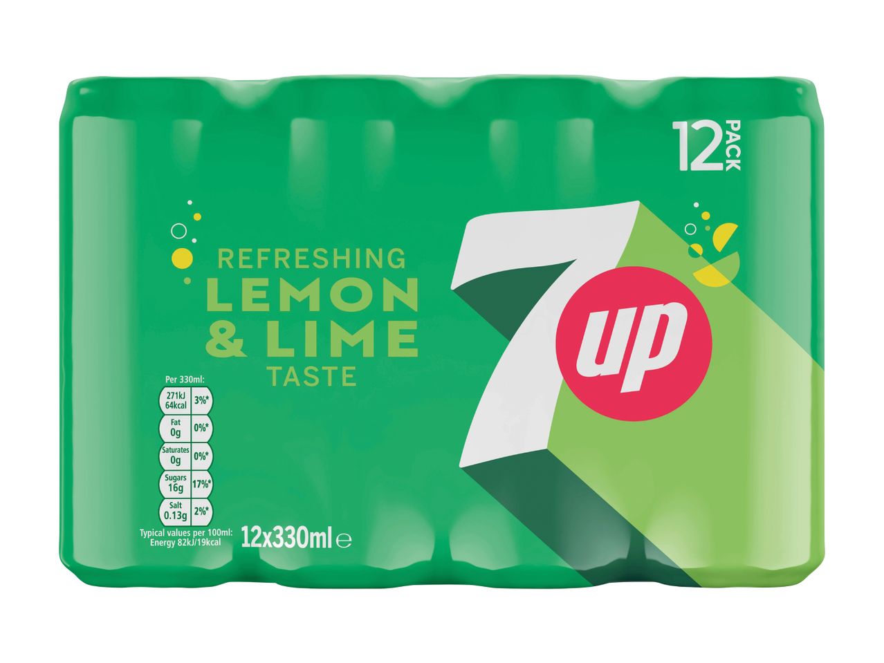 7UP Refreshing Lemon & Lime Taste 12-pack of 330ml cans with nutritional information.