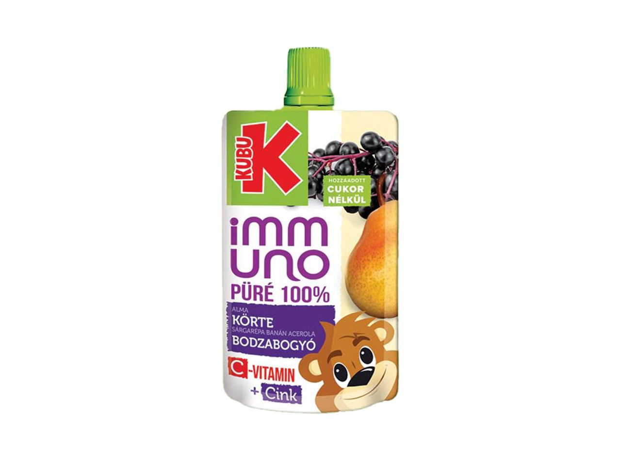 Kubu Immuno 100% püré alma, körte, sárgarépa, banán, acerola és bodzabogyó ízzel, hozzáadott C-vitaminnal és cinkkel.