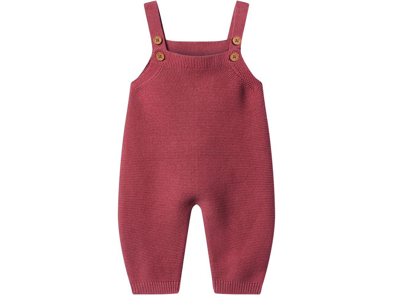Knitted baby romper in a deep red color with wooden buttons on the straps