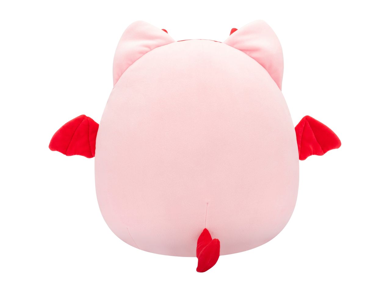 Pink plush toy with red wings and tail, viewed from the back