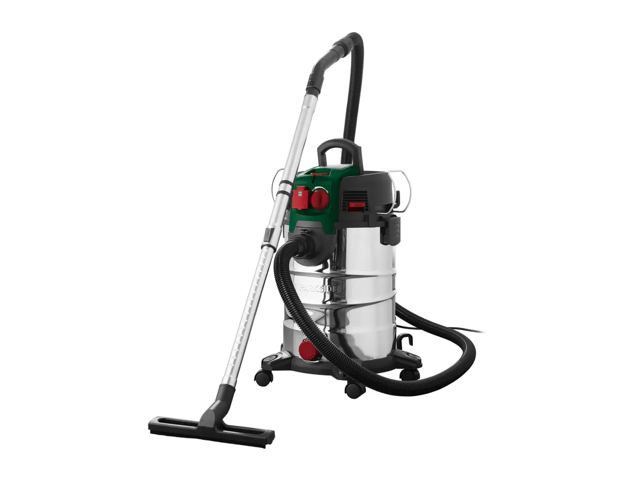 A stainless steel canister vacuum cleaner with a long hose and floor nozzle.