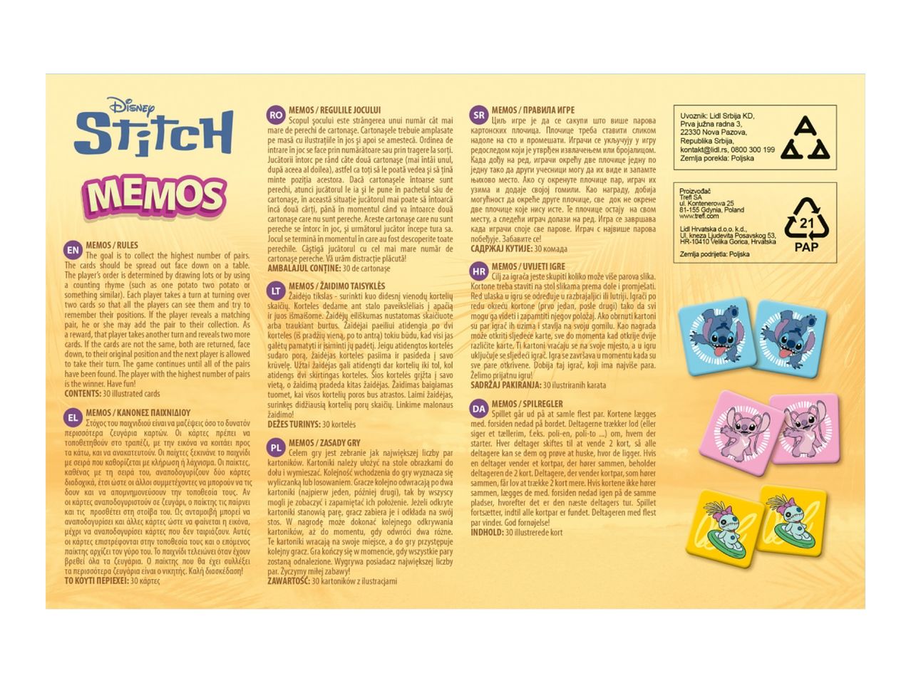 Disney Stitch Memos game with rules in multiple languages and images of game pieces.