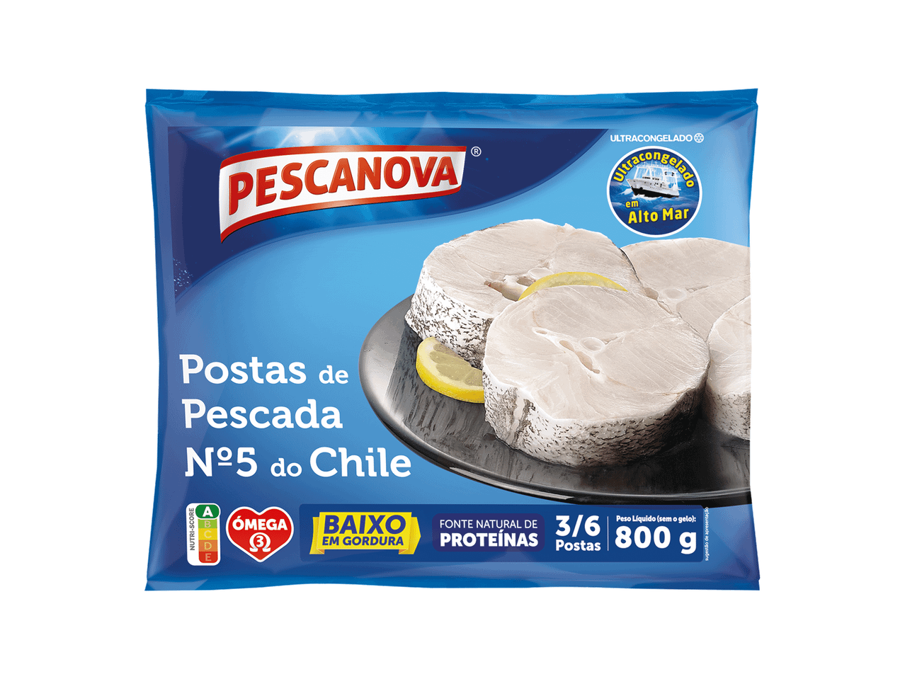 Postas de pescada ultracongeladas, com baixo teor de gordura e fonte natural de proteínas.