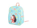 Light blue children's backpack with Moana and Pua, featuring a floral and seashell pattern.