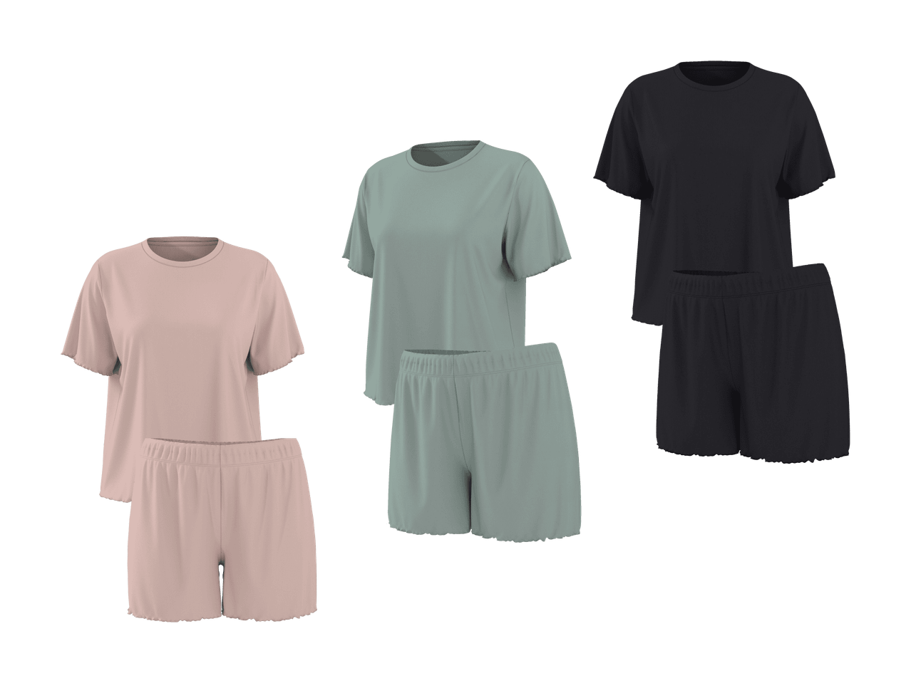 Drei Damen-Pyjama-Sets in Rosa, Petrol und Schwarz, bestehend aus T-Shirt und Shorts.