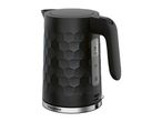 Black electric kettle with a textured honeycomb pattern and water level indicator.