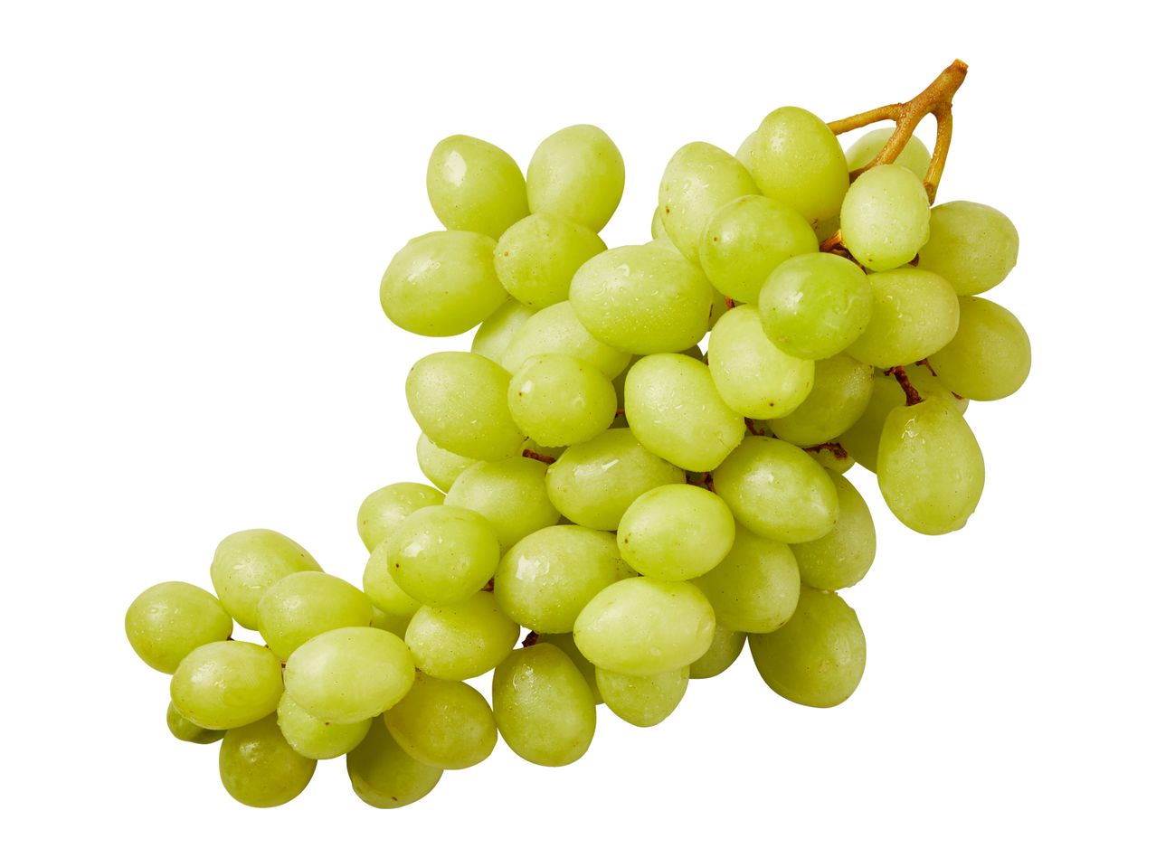 A bunch of fresh green grapes with water droplets, isolated on a white background.