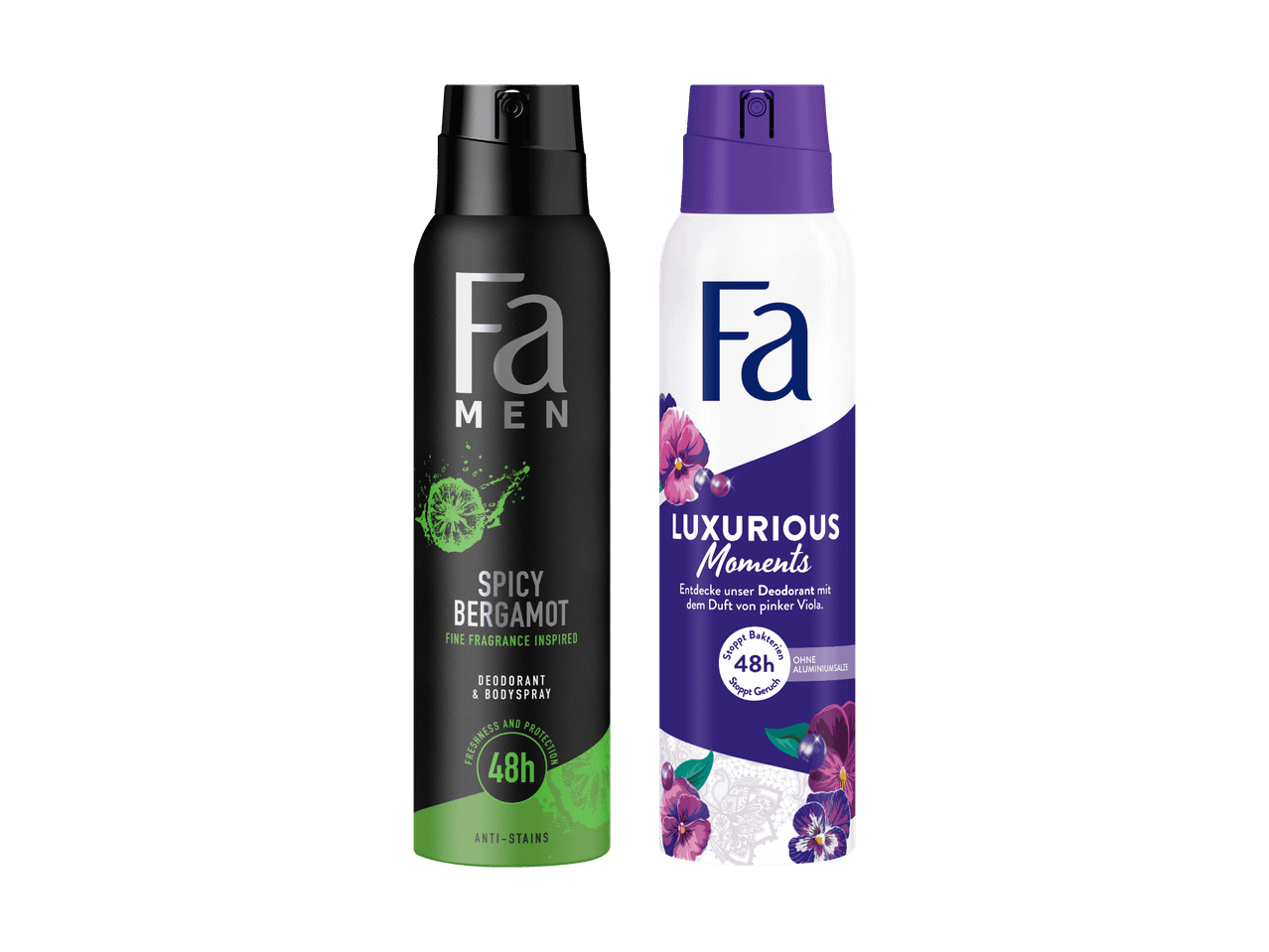 Zwei Fa Deo-Sprays: eines schwarz mit grünem Akzent, eines lila mit Blumenmotiv.