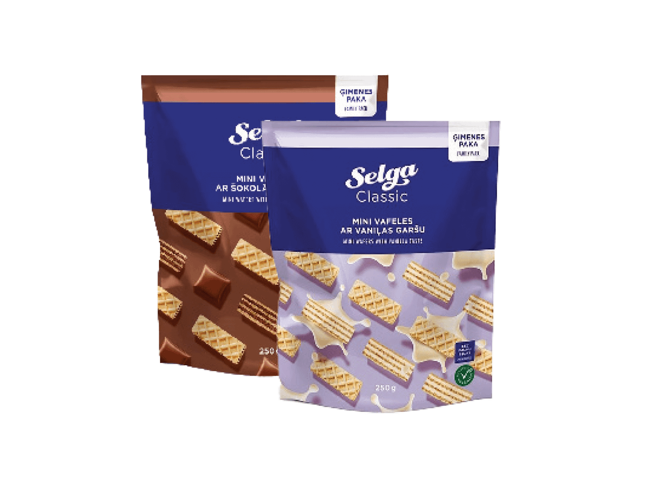 Du „Selga Classic“ mini vafelių pakeliai: vienas su šokoladu, kitas su vanile.