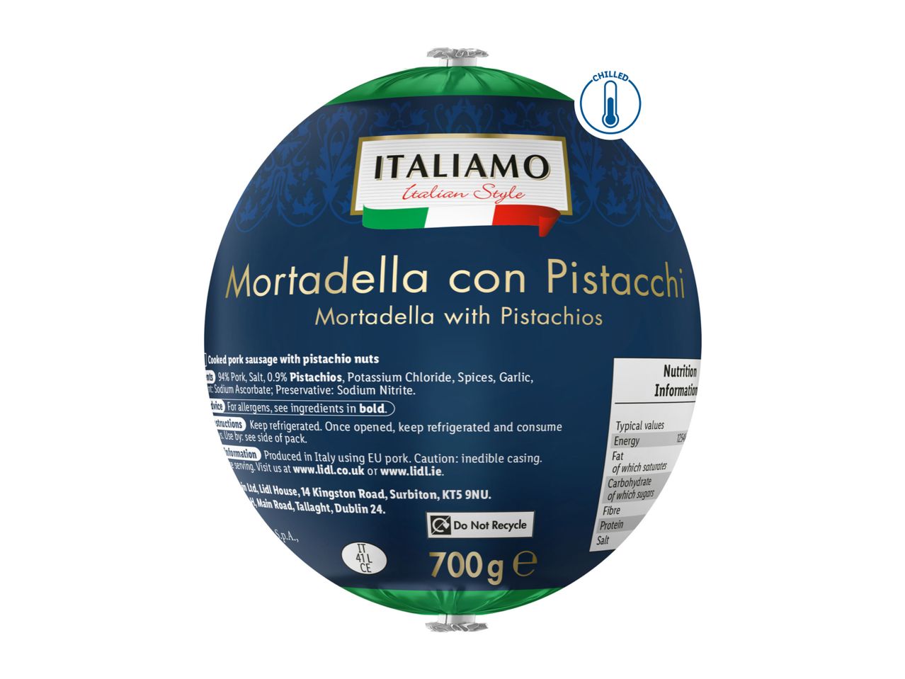A package of Italiamo Mortadella con Pistacchi, a cooked pork sausage with pistachio nuts.