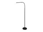 Black LED floor lamp with a curved neck and a round base.