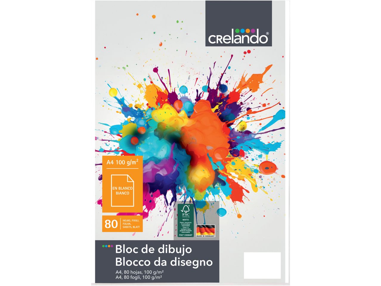 Blocco da disegno Crelando A4, 80 fogli, 100 g/m², con schizzi di vernice colorati.