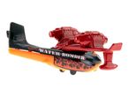 Toy water bomber plane in black and orange with red engines, featuring flames and 'WATER BOMBER' text.