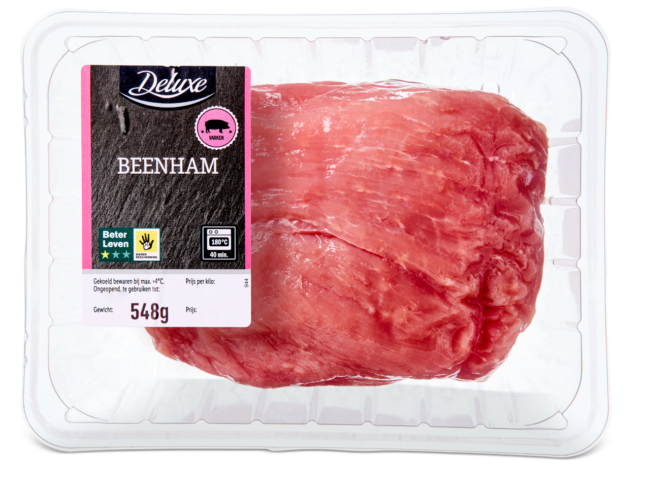 Deluxe Beenham in verpakking, 548g, met Beter Leven keurmerk.